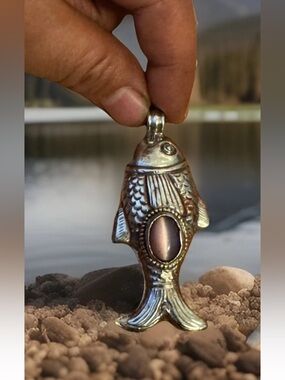 Vintage & Handcrafted Fish Design Pendant With Stone Set In Silver 2.8”in & 27gr